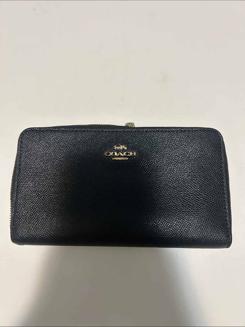 Coach Black Saffiano Zip Wallet with Gold Logo